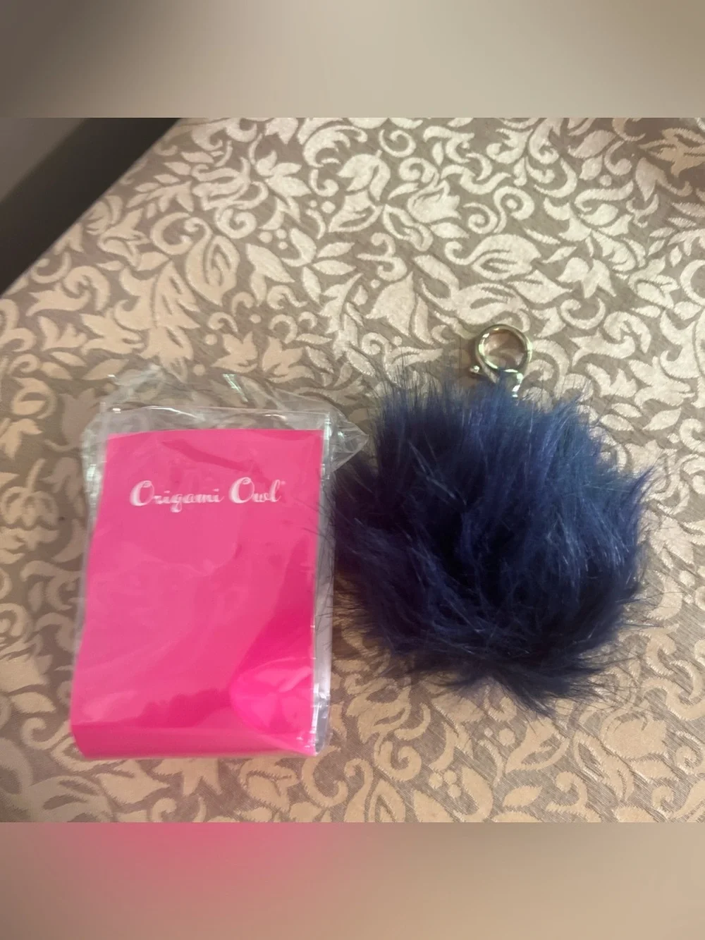 Origami Owl Pom Pom Bag Clip Keychain Poof Navy Blue GOLD